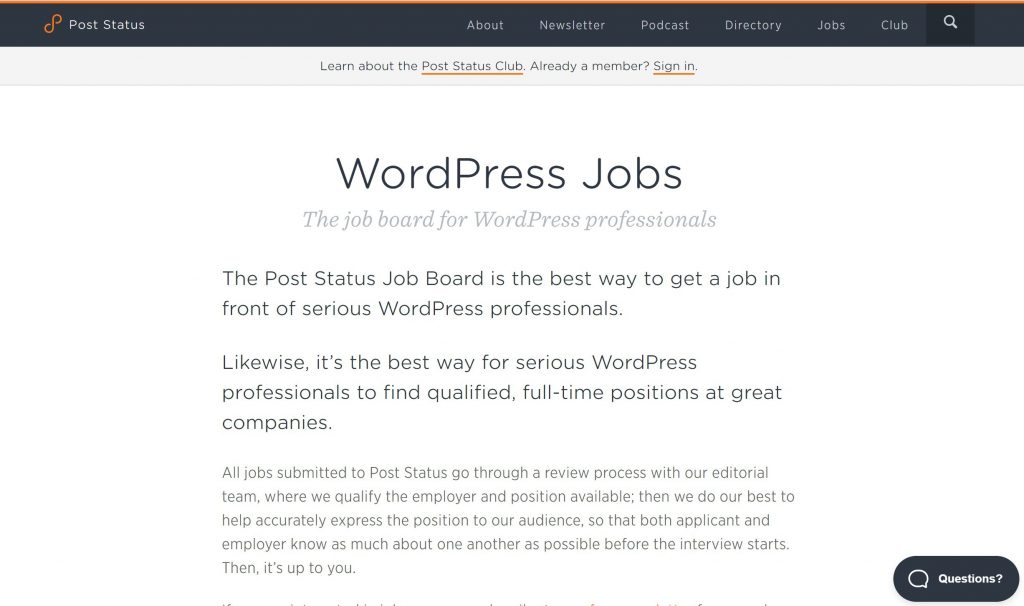 Post Status WordPress jobs board includes freelance opportunties