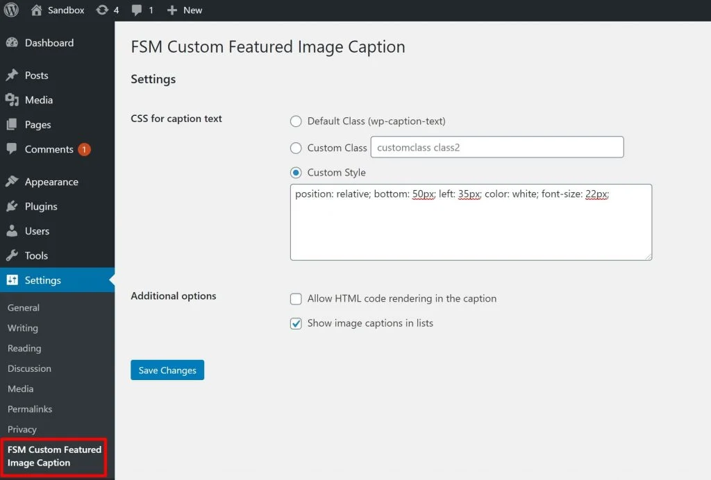 add text over a featured image with fsm custom featured image caption