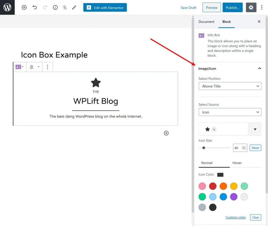 how to add an icon box using the wordpress block editor step 2
