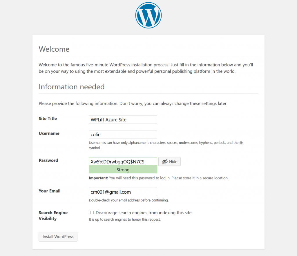 setup wordpress on azure - run the wordpress install wizard step 2