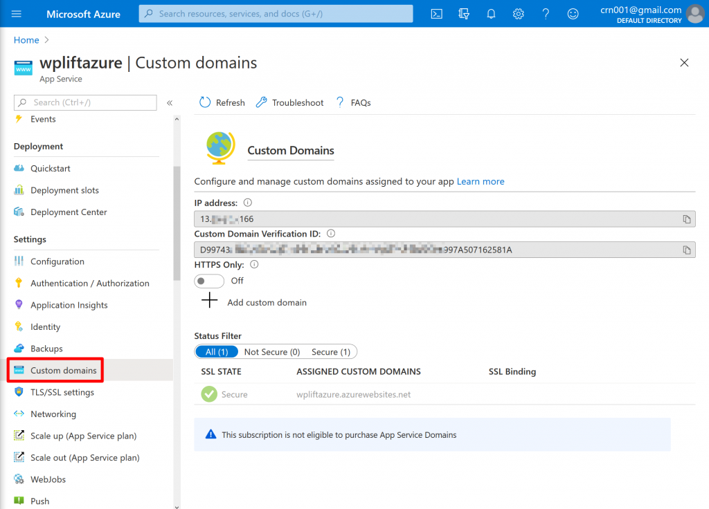 wordpress on azure - point your domain name to your site
