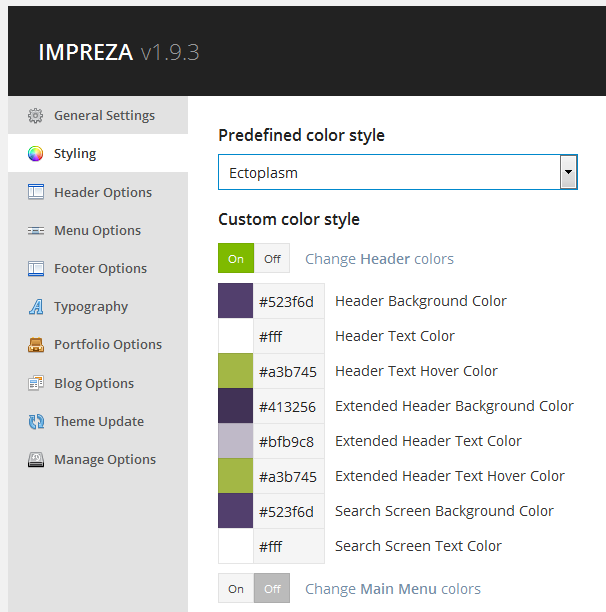 impreza theme options predefined color style
