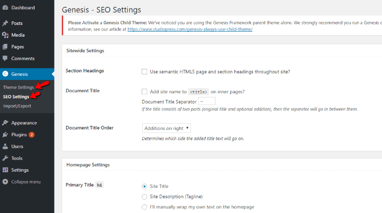 genesis framework settings and seo settings