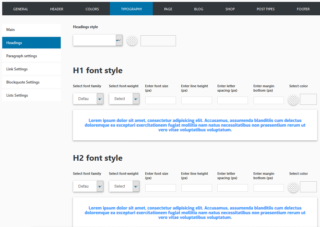 Thème WordPress Pearl - Panneau d'options du thème Pearl - Typographie