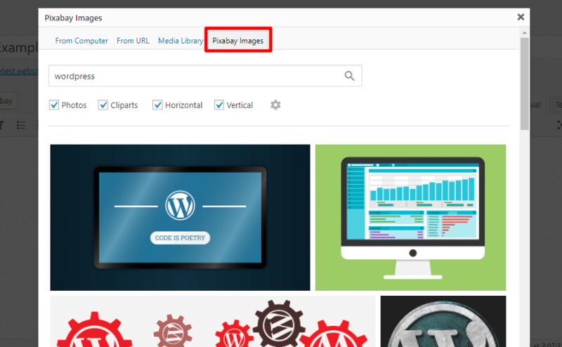 rechercher Pixabay à partir du tableau de bord WordPress