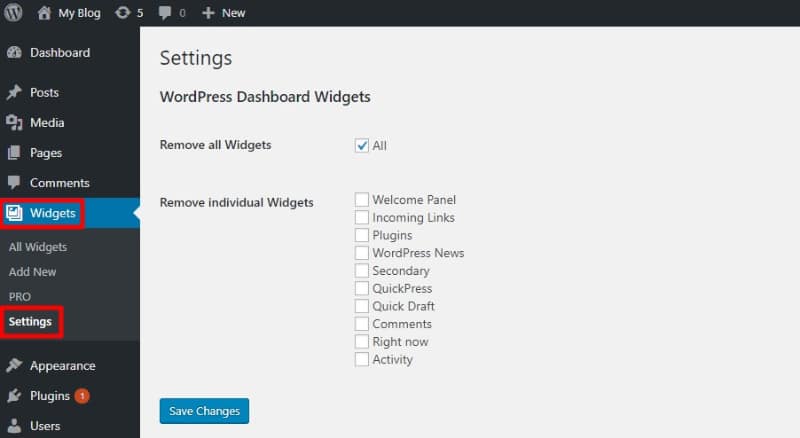 remove wordpress dashboard widgets