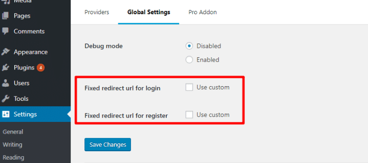  setting redirect rules in the global settings area - nextend social login