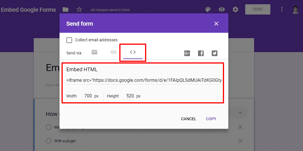 generate embed html code for embed a google form in wordpress