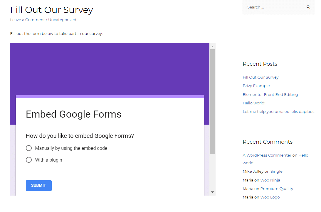 example of embedded google form