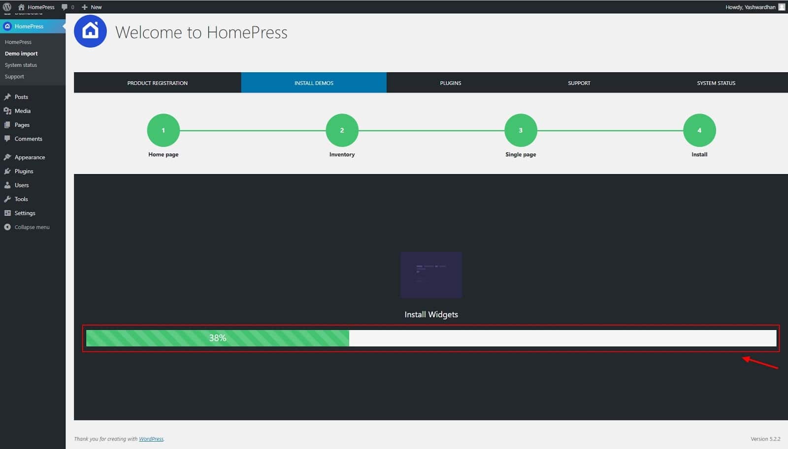 Homepress install all the necessary theme configurations and required plugins:addons