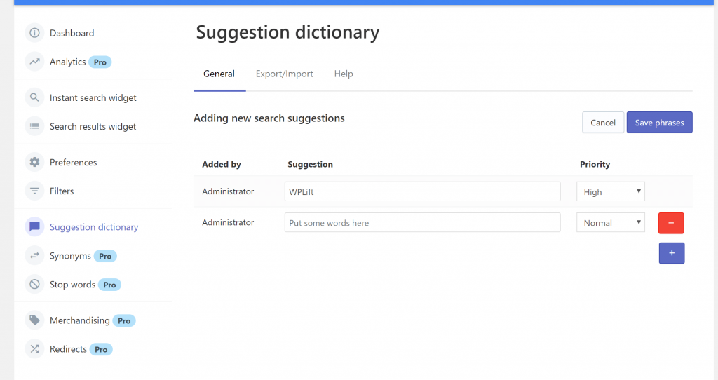 Suggestions dictionary