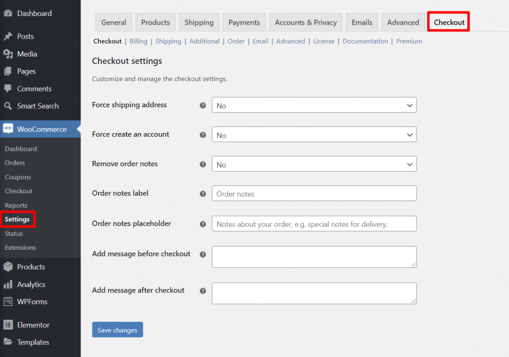 WooCommerce Checkout Manager checkout settings