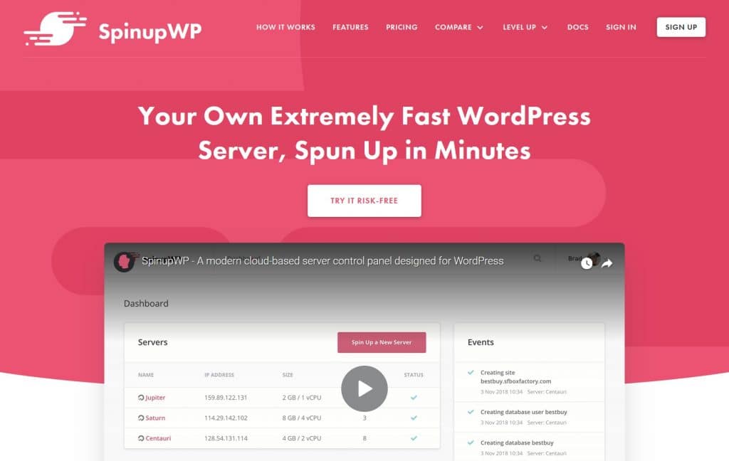 Panneau de contrôle d'hébergement SpinupWP pour WordPress