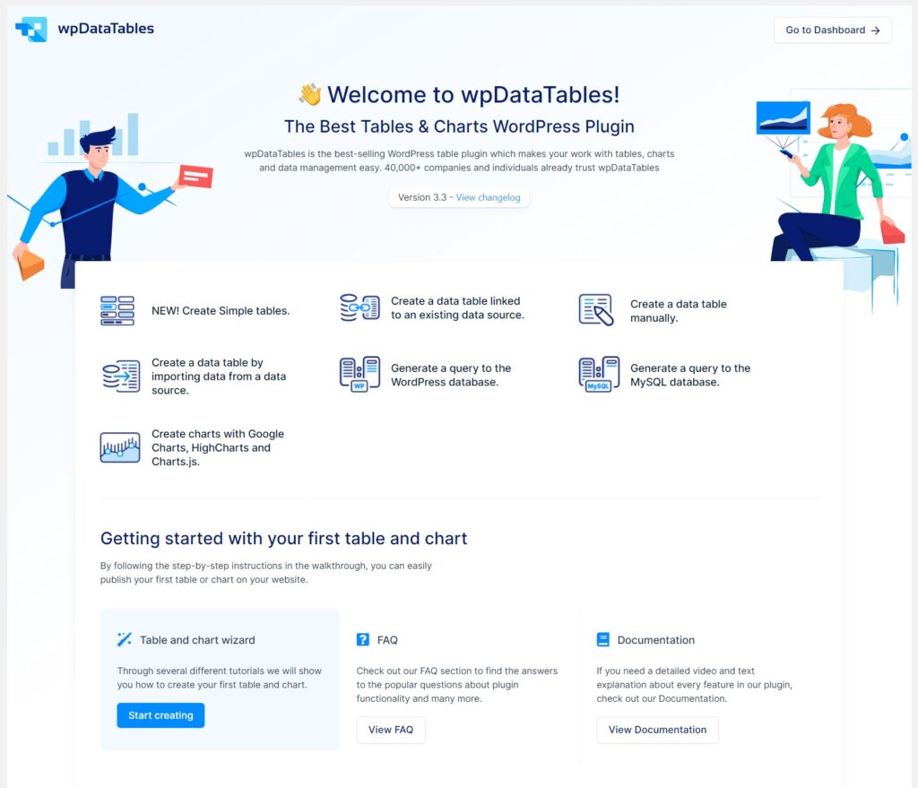 wpDataTables welcome wizard