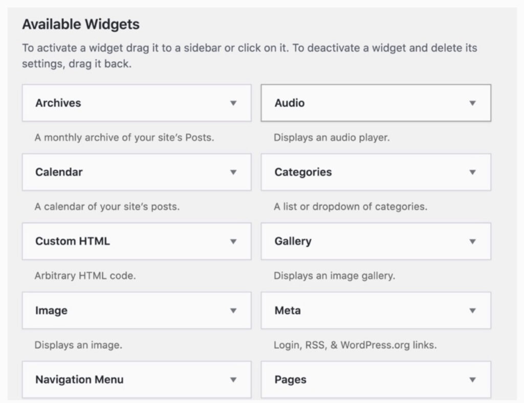 how to add widgets to WordPress - available widgets