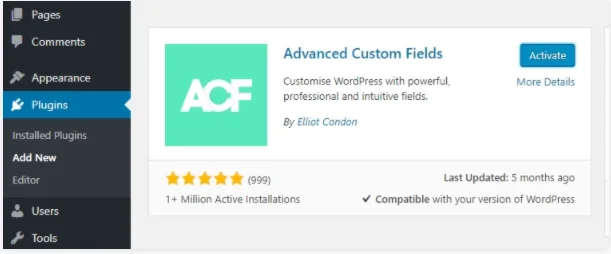advanced custom fields plugin install and active