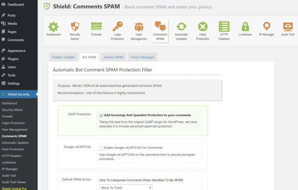 Shield dashboard Comments SPAM - Best WordPress two factor authentication plugins