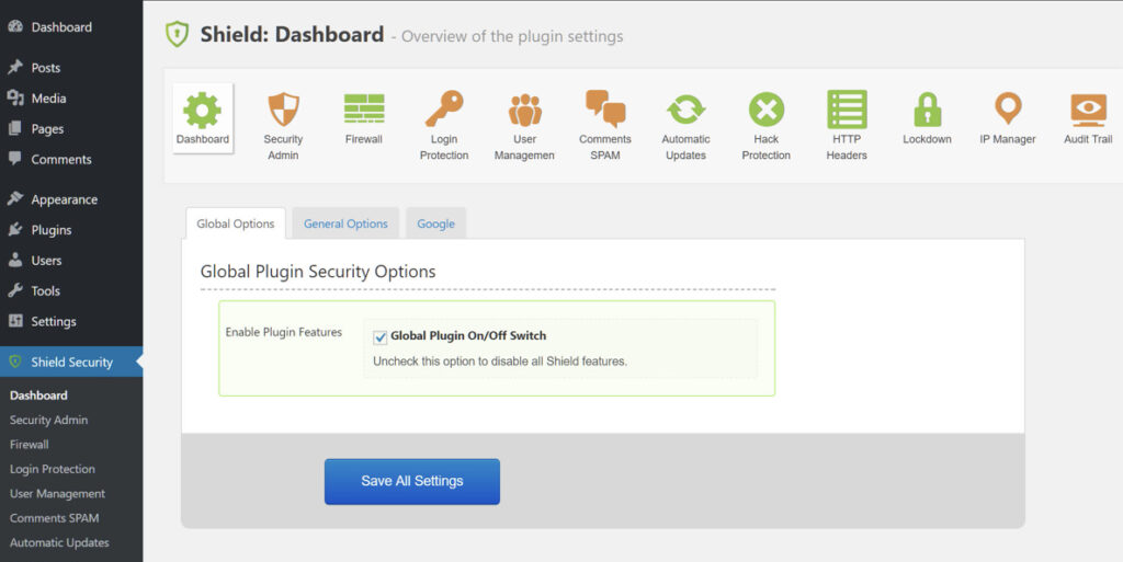 Shield dashboard - Best WordPress two factor authentication plugins