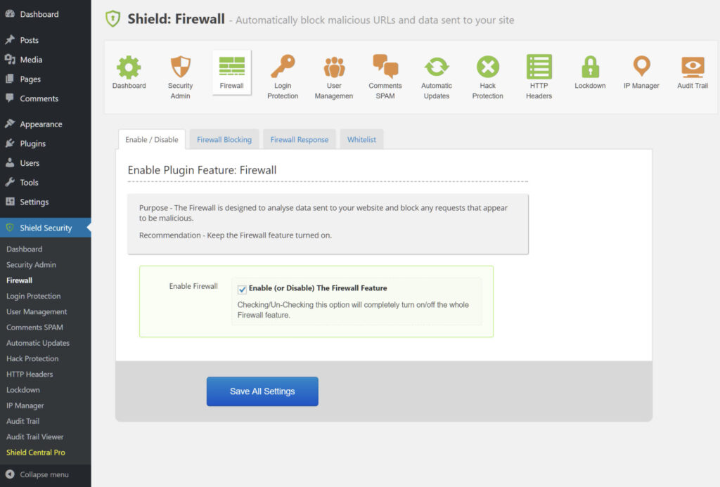 Shield dashboard Firewall  - Best WordPress two factor authentication plugins