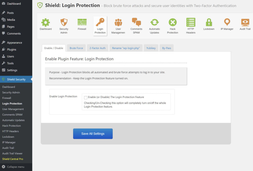 Shield dashboard Login Protection - Best WordPress two factor authentication plugins