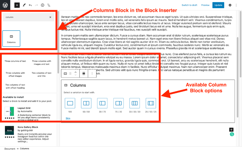 Create Columns Using WordPress block editor
