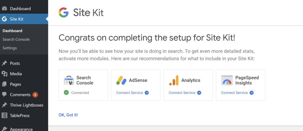 Google Site Kit - setup completion