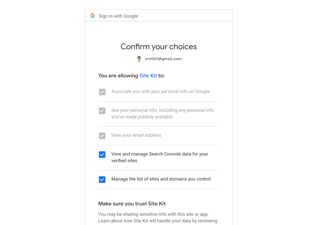 Google Site Kit - sign in with google