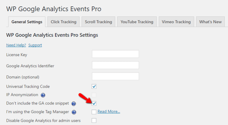 WP Google Analytics Events Pro - general settings