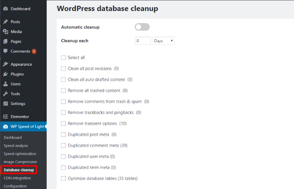 WP Speed of Light - wordpress database cleanup