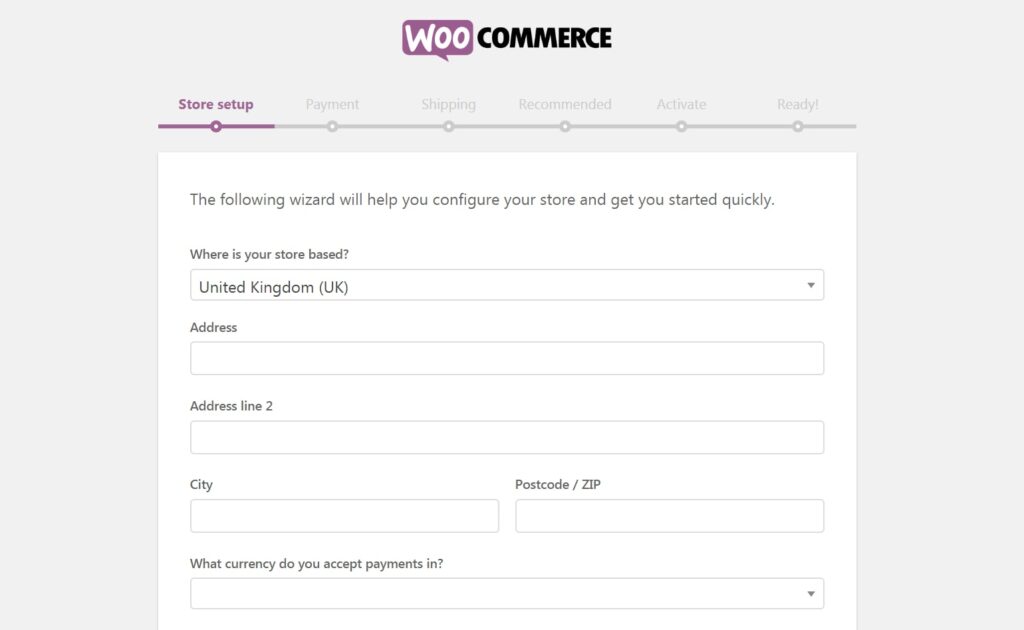 WooCommerce pizza delivery - setup wizard