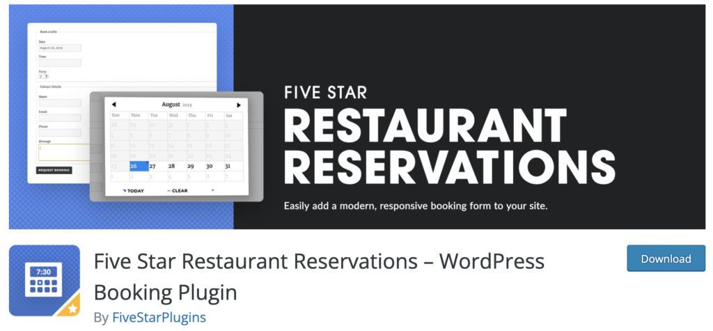 five star restaurant reservations - restaurant wordpress plugins