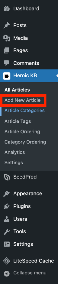 create knowledge base website Step 4 - Location of the Add New Article option in the Heroic KB submenu
