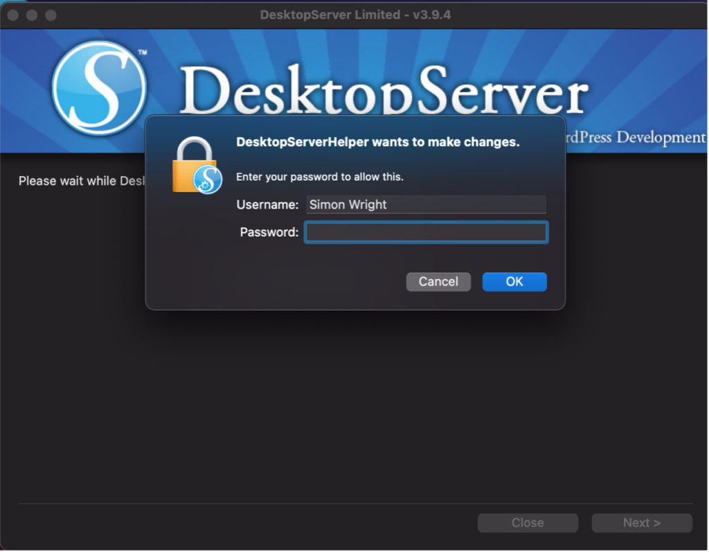 Aujthorization popup to allow DesktopServer to make changes