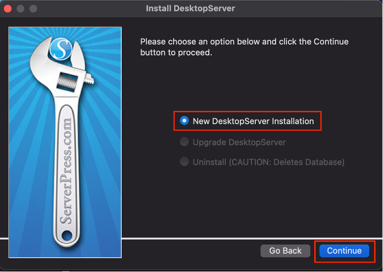 The DesktopServer installation optins menu