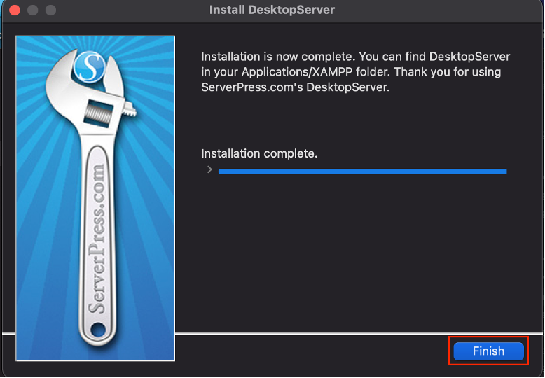 The confirmation screen once DesktopServer has been successfully installed