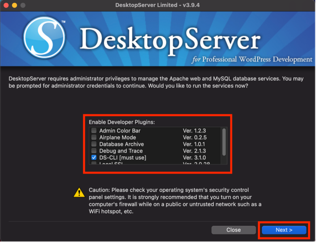 Plugin selection screen on DesktopServer