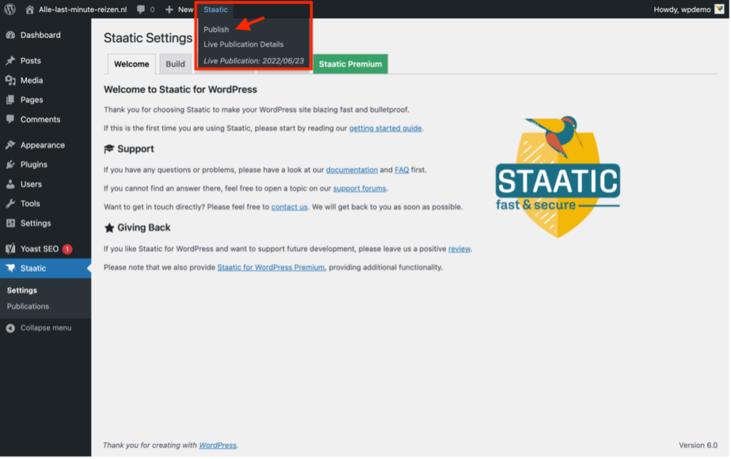 Location of the Staatic publish static site publish button in the WordPress admin panel top bar in 