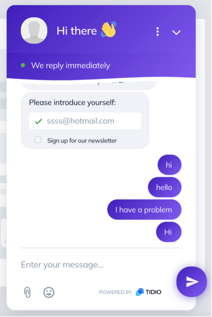 Text entered into the live chat simulation feature