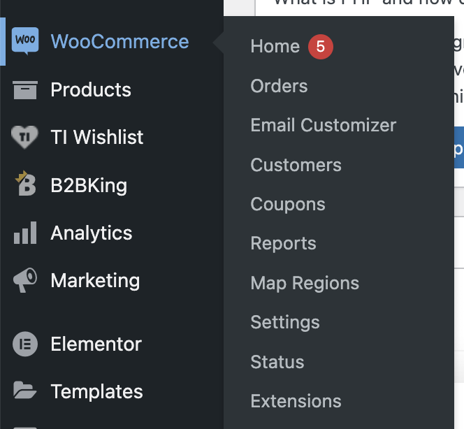 WooCommerce tab in admin dashboard