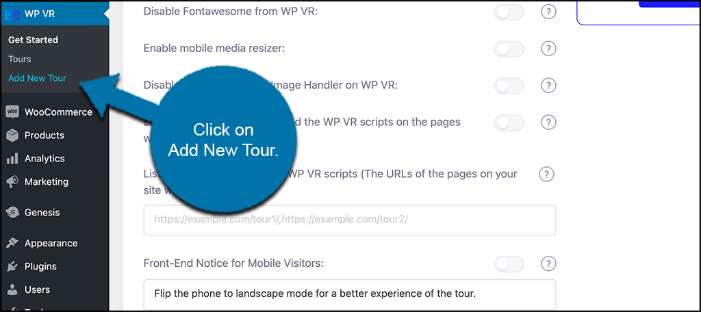 wp vr plugin - click on add new tour option
