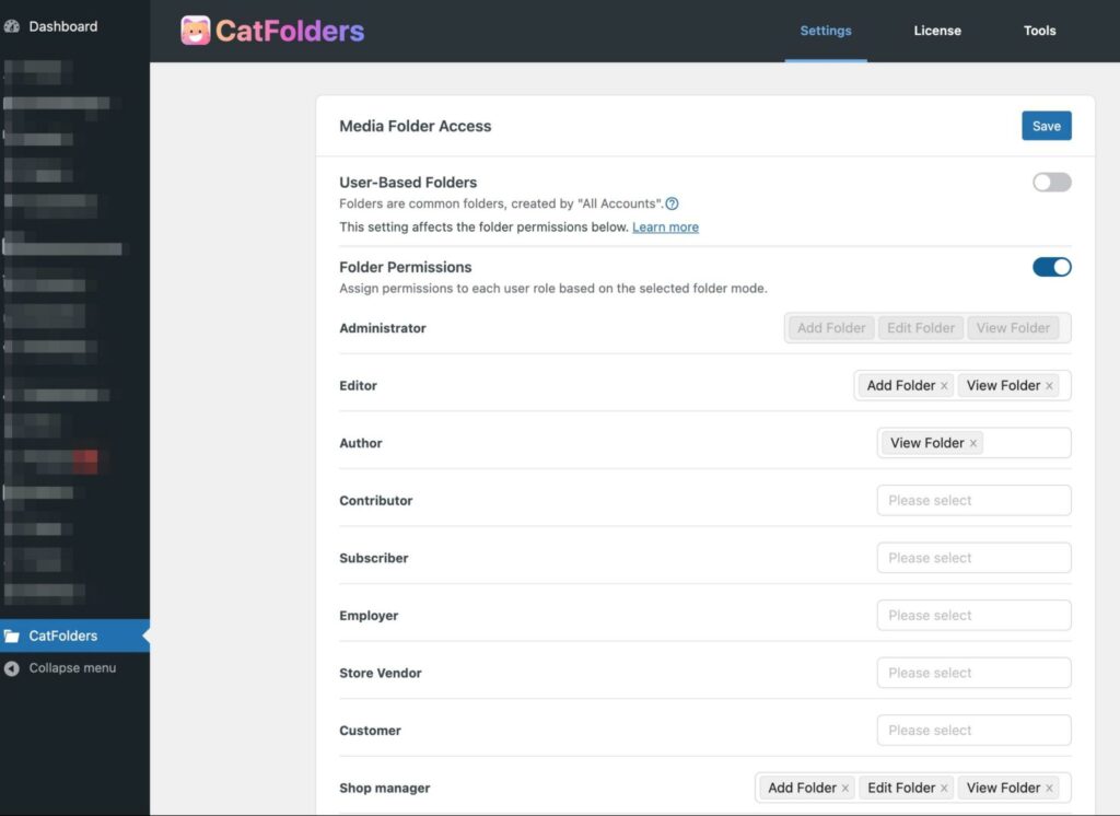 catfolders مجوزها را برای نقش های کاربر تنظیم می کند