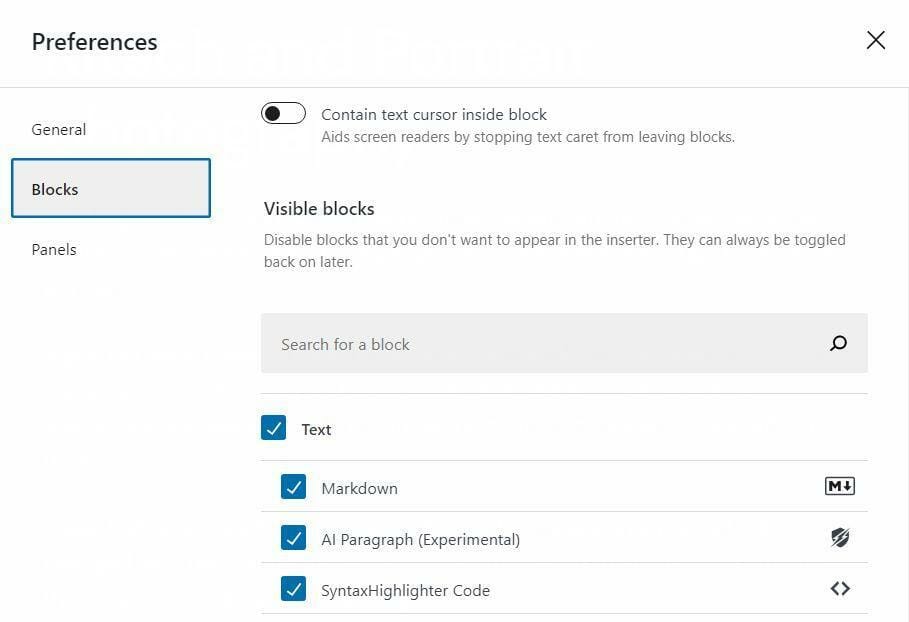 disabling gutenberg blocks from a website’s admin panel step 3