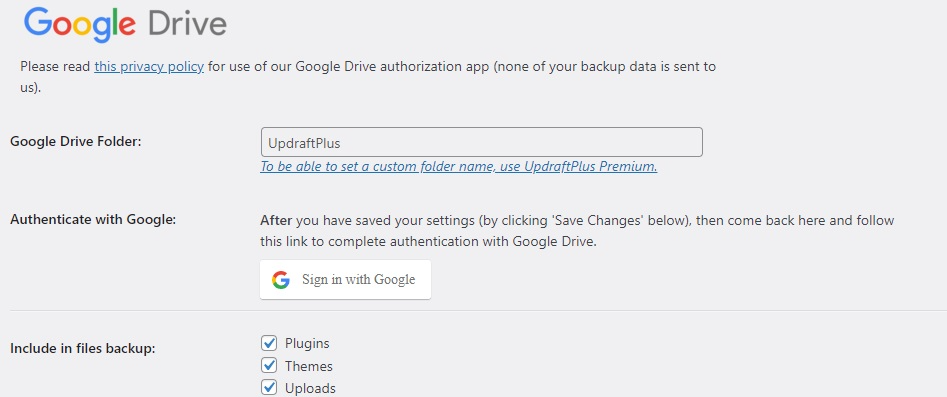 remote storage options wordpress backup on google drive