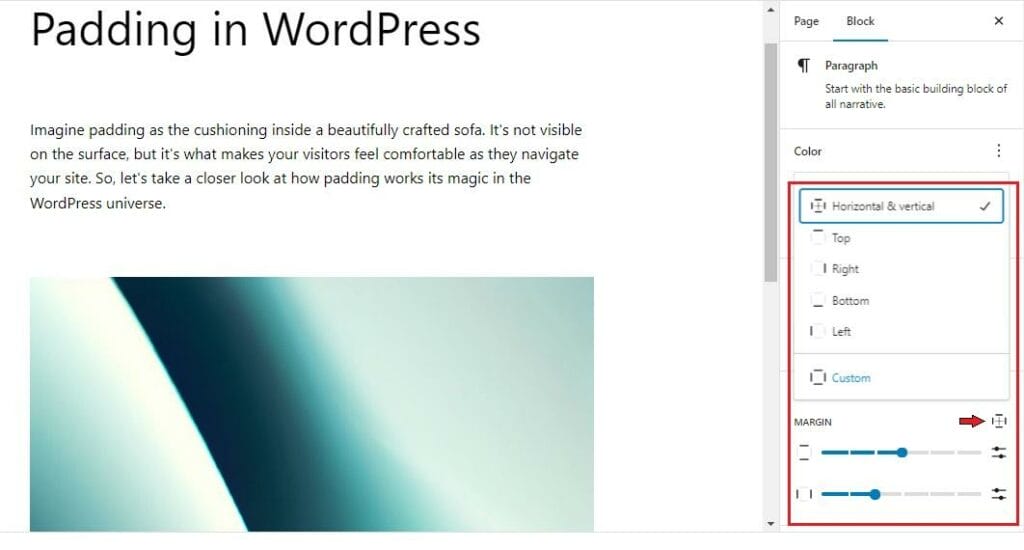 fine-tune the spacing on individual sides in Padding in WordPress