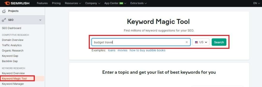 keyword magic tool into Semrush for search intent