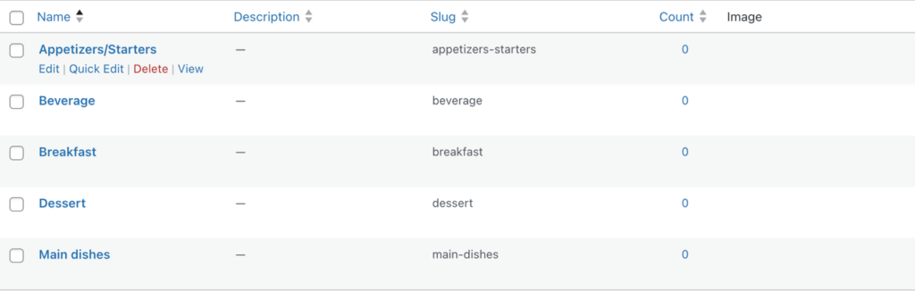 list of food categories on the dashboard