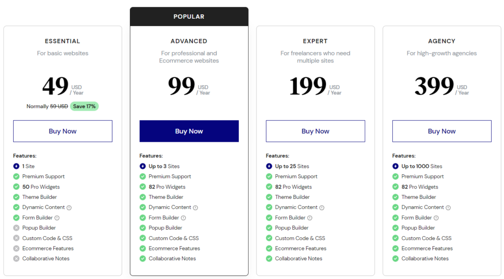 Elementor Page Builders Pricing Plan