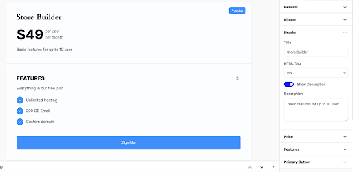 pricing table block